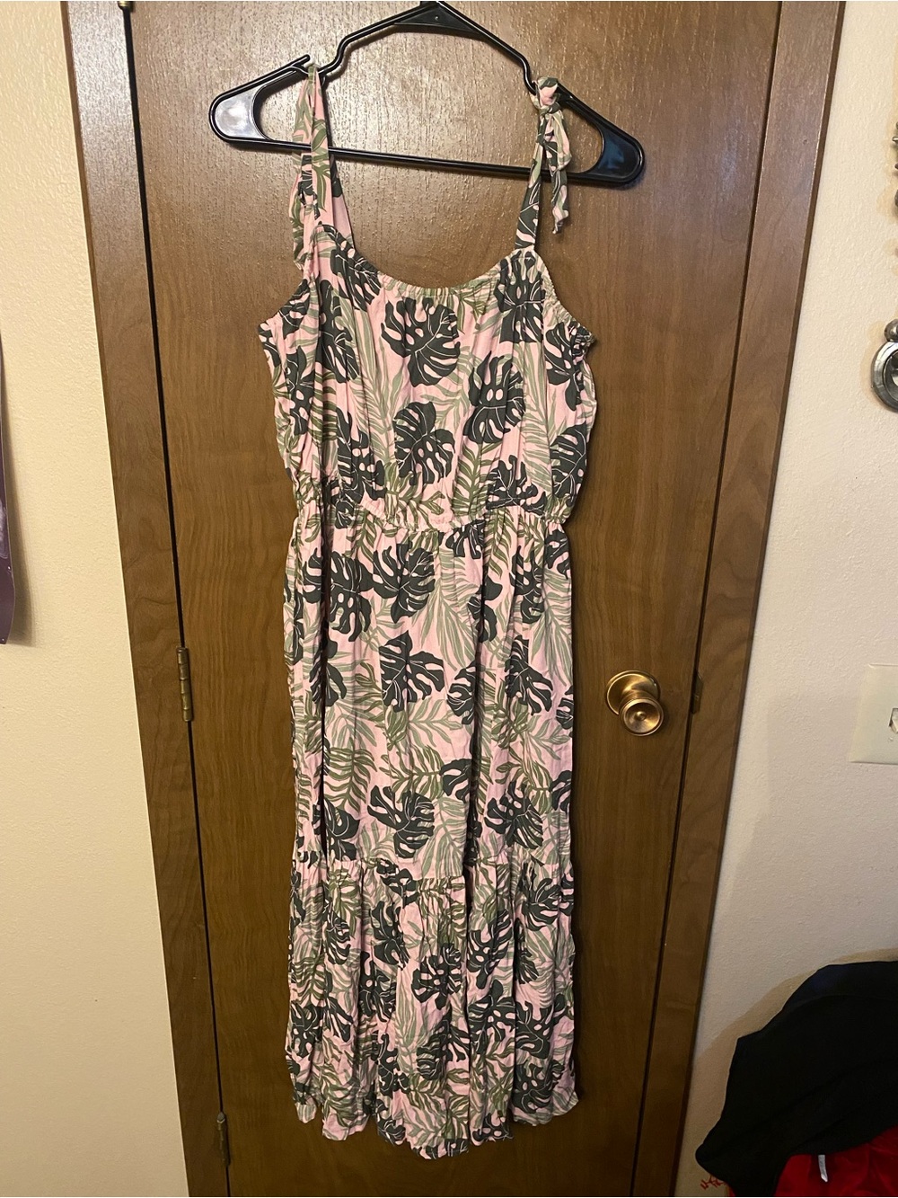 Place Pink Tropical Leaf Maxi Dress with Tie Straps